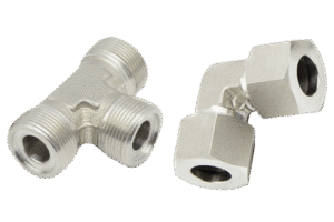 A Pair of Stainless Steel Adapter Fittings Arranged in Parallel