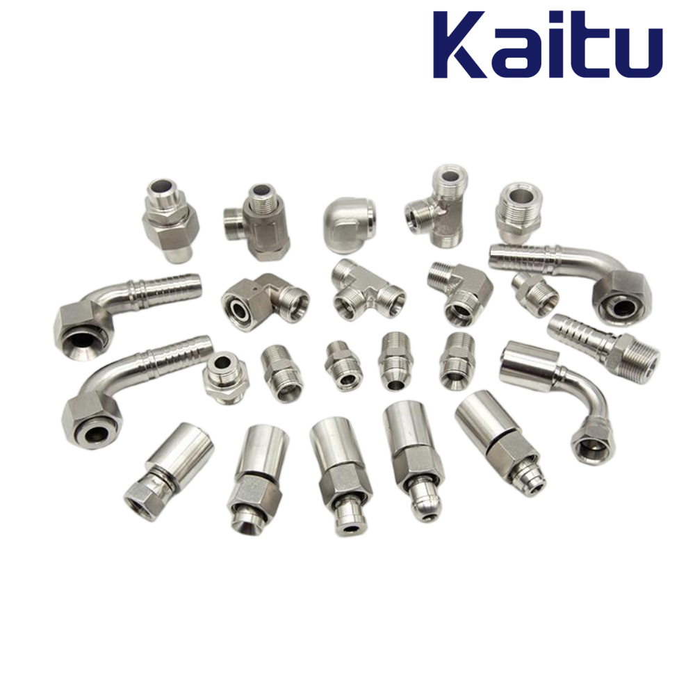 A pile of stainless steel hydraulic fittings