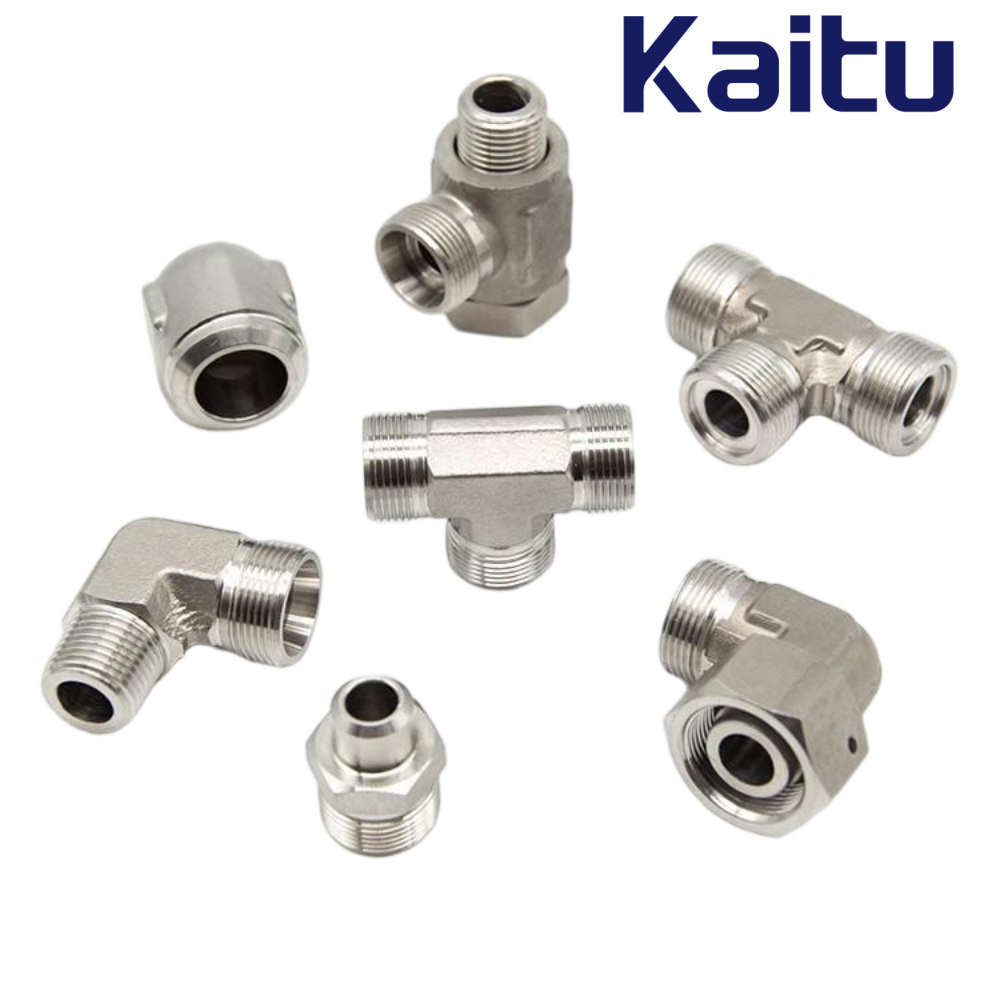 A pile of stainless steel hydraulic fittings