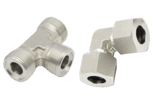 A Pair of Stainless Steel Adapter Fittings Arranged in Parallel